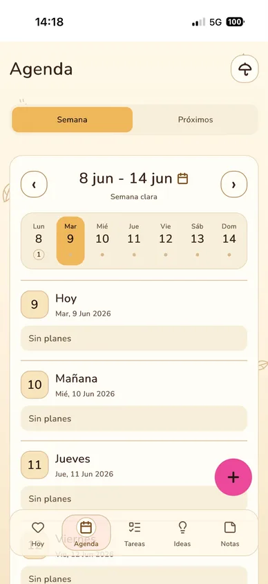 Pantalla Agenda con calendario semanal y próximos planes