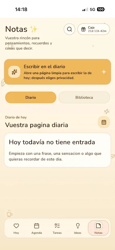 Pantalla Diario compartido con entradas y privacidad configurable