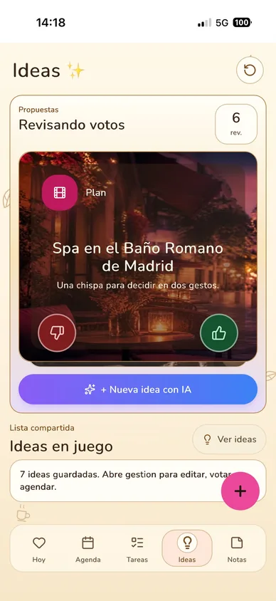Pantalla Ideas con propuestas, votación y matches