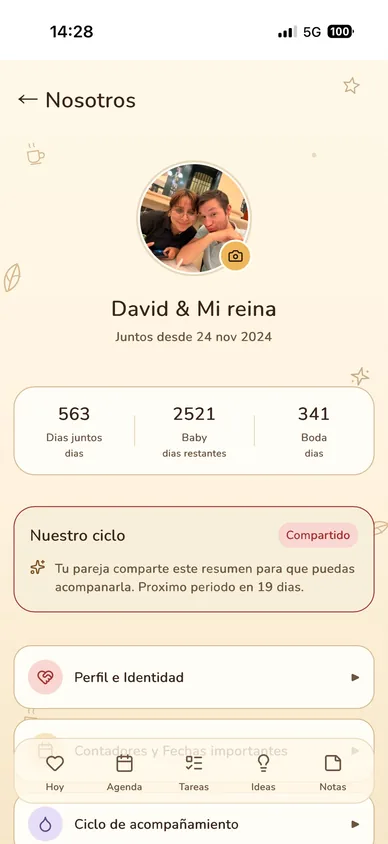 Pantalla Nosotros con fechas, contadores y ciclo