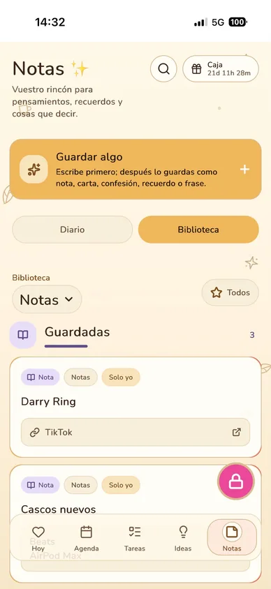 Pantalla Notas con Diario y Biblioteca