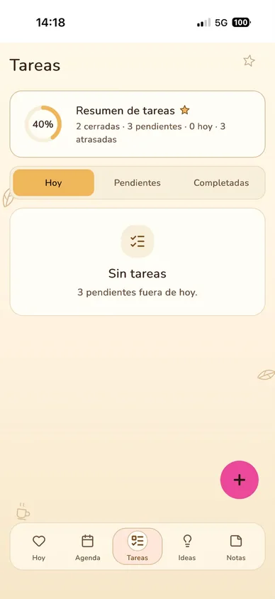 Pantalla Tareas con resumen, prioridades y subtareas